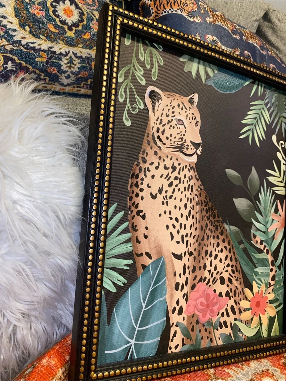 Framed Tan Leopard Jungle Print with Green Foliage